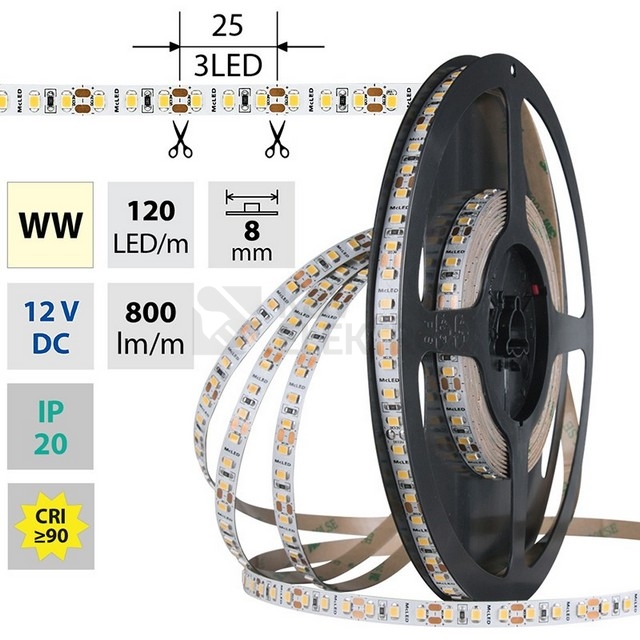 Obrázek produktu LED pásek McLED 12V teplá bílá CRI90 š=8mm IP20 9,6W/m 120LED/m SMD2835 ML-121.840.60.2 0