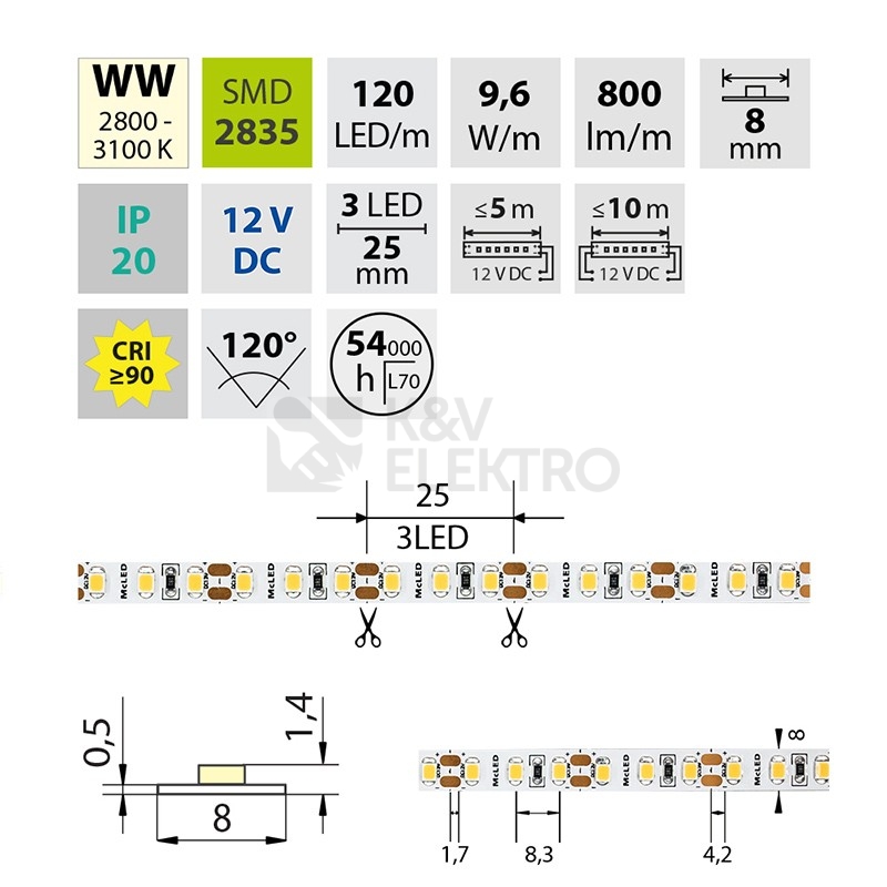 Obrázek produktu LED pásek McLED 12V teplá bílá CRI90 š=8mm IP20 9,6W/m 120LED/m SMD2835 ML-121.840.60.2 4