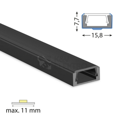 Přisazený hliníkový profil černý PG2 16x8mm s černým difuzorem 2m McLED ML-761.023.74.2
