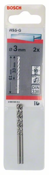Obrázek produktu Vrtáky do kovu 3,0mm HSS-G DIN338 blistr 2ks Bosch 2.608.585.911 0